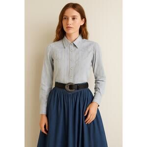 Vintage Ralph Lauren Stripe Western Pearl Snaps Button Down Blue Shirt 10 Cotton